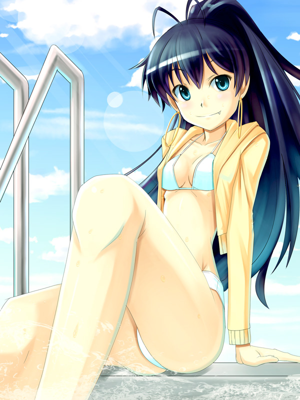 1girl, arm_support, bikini, black_hair, blue_eyes, bracelet, breasts, cloud