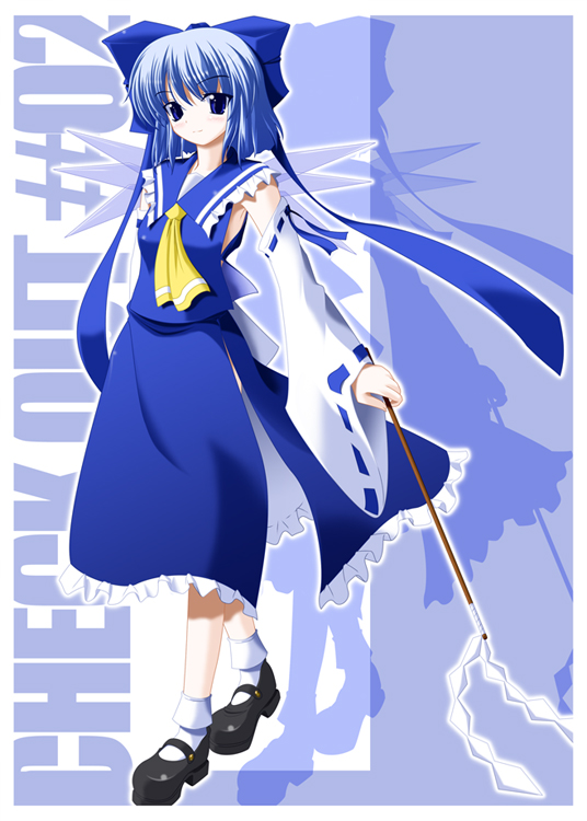 1girl, aged_up, alternate_color, bow, cirno, cosplay, female_focus, gohei