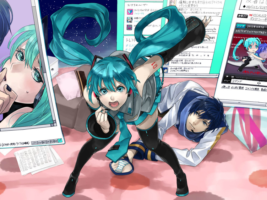 1boy, 1girl, aqua_eyes, aqua_hair, blue_eyes, blue_hair, danmaku_comments, detached_sleeves, grabbing_another's_chin, hand_on_another's_chin, hatsune_miku, headset, highres, jpeg_artifacts, kaito_(vocaloid), leaning_forward, long_hair, looking_at_viewer, mirror, necktie, niconico, ono_tako, open_mouth, panties, pantyshot, sheet_music, skirt, striped_clothes, striped_panties, thighhighs, twintails, twitter, underwear, upskirt, very_long_hair, vocaloid