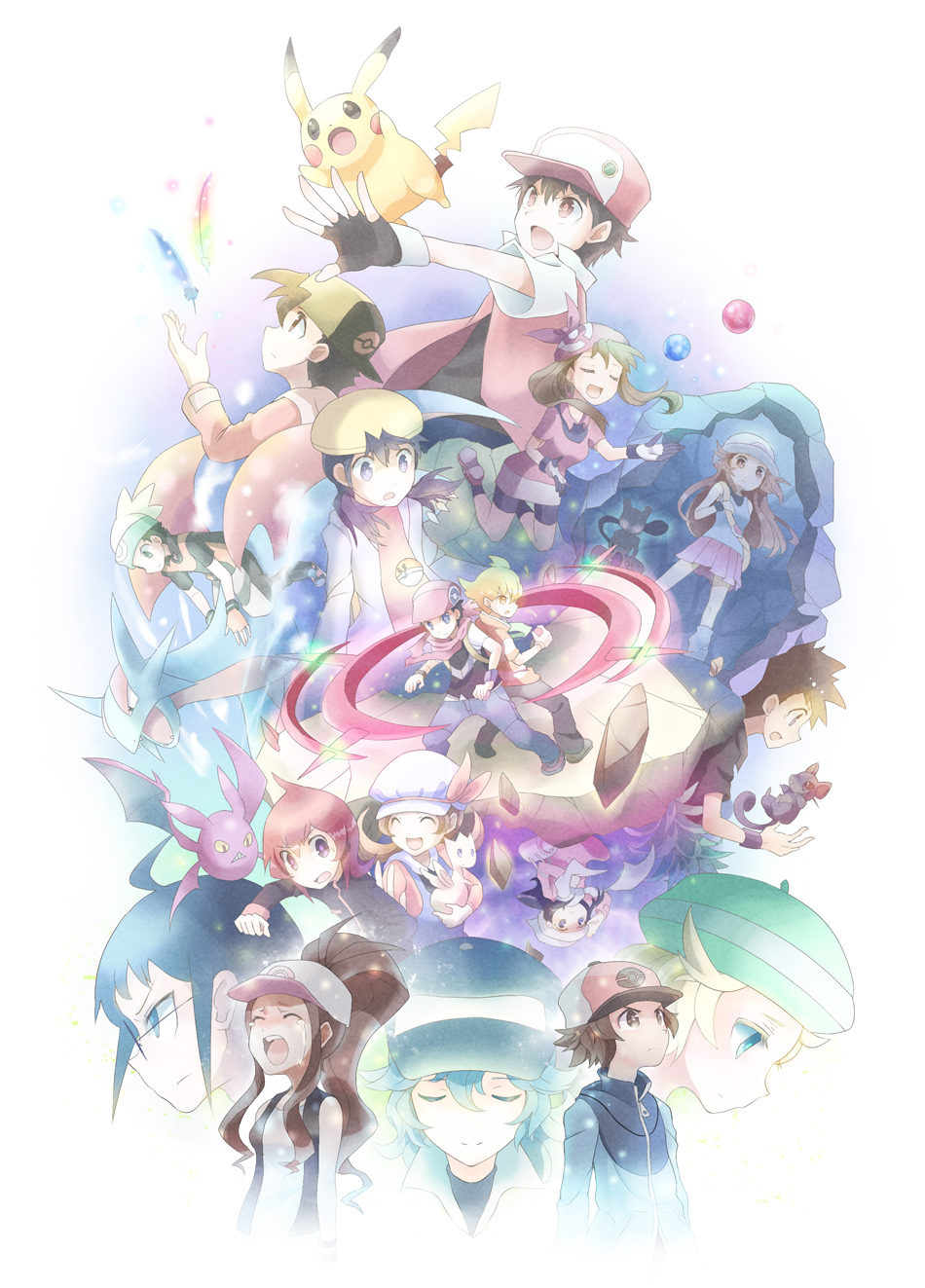 00s, 10s, 1990s_(style), 6+boys, 6+girls, barry_(pokemon), beanie, bianca_(pokemon), blue_oak, brendan_(pokemon), cheren_(pokemon), cocoloco, crobat, crying, dawn_(pokemon), dual_persona, ethan_(pokemon), gen_1_pokemon, gen_2_pokemon, gen_3_pokemon, gen_4_pokemon, hat, highres, hilbert_(pokemon), hilda_(pokemon), kris_(pokemon), leaf_(pokemon), legendary_pokemon, lucas_(pokemon), lyra_(pokemon), may_(pokemon), mewtwo, multiple_boys, multiple_girls, n_(pokemon), nintendo, pikachu, pixiv_red, pokemon, pokemon_(creature), pokemon_black_and_white, pokemon_diamond/pearl/platinum, pokemon_firered_and_leafgreen, pokemon_gold/silver/crystal, pokemon_heartgold_and_soulsilver, pokemon_red/green/blue/yellow, pokemon_ruby/sapphire/emerald, rainbow_feather_(pokemon), raticate, red_(pokemon), retro_artstyle, salamence, silver_(pokemon), silver_feather_(pokemon), togekiss, twintails