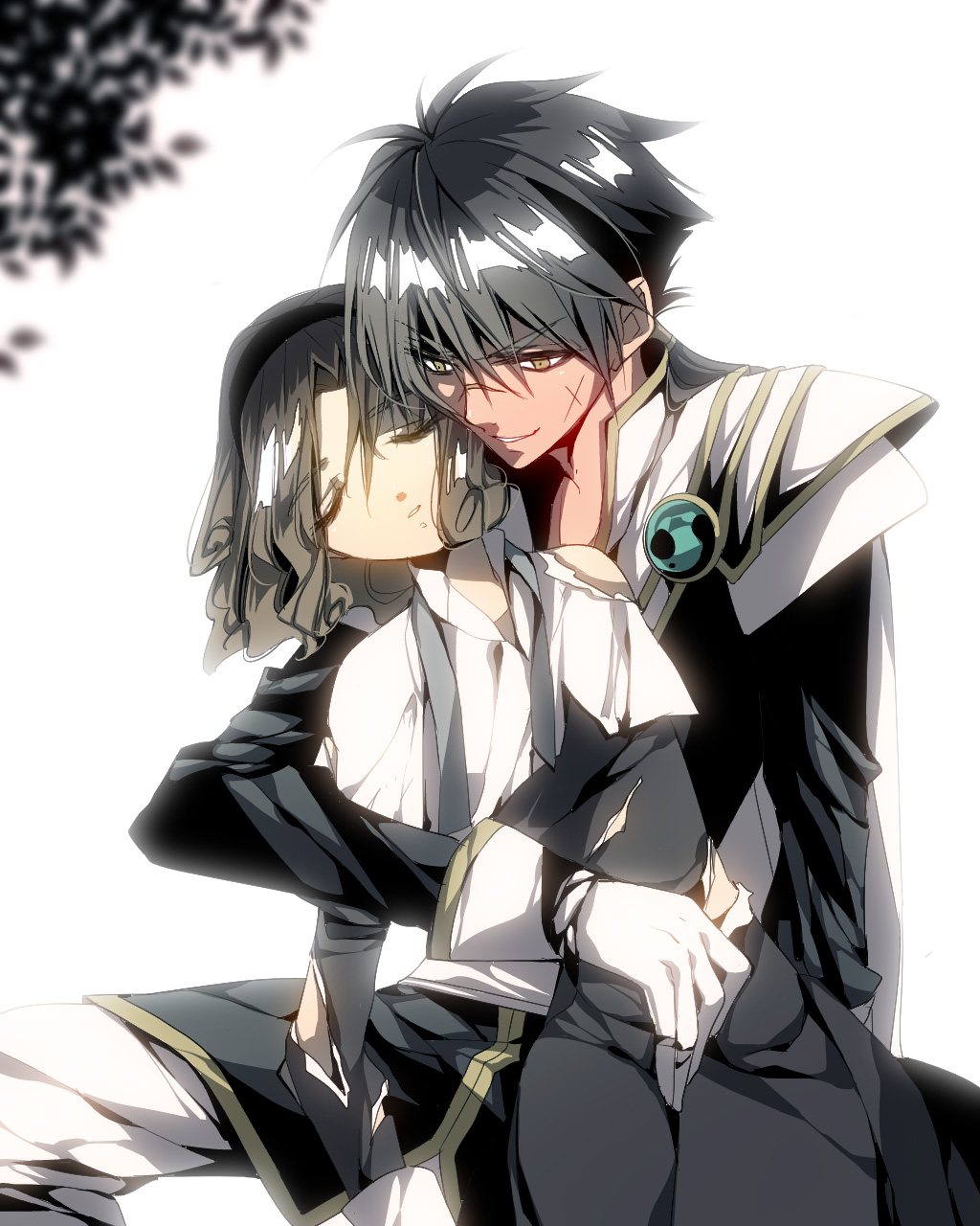 1990s_(style), 1boy, 1girl, black_hair, brown_hair, coat, dress, evil_smile