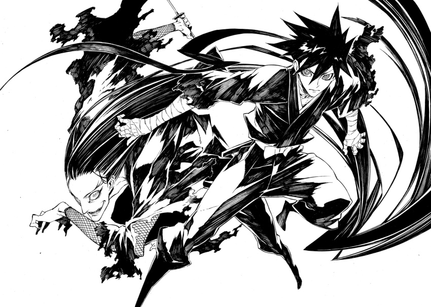 2boys, character_request, fishnets, greyscale, hand_wraps, highres, japanese_clothes, katana, koukoku_no_shugosha, long_hair, male_focus, miwa_shirow, monochrome, multiple_boys, ninja, ponytail, simple_background, sword, weapon, white_background