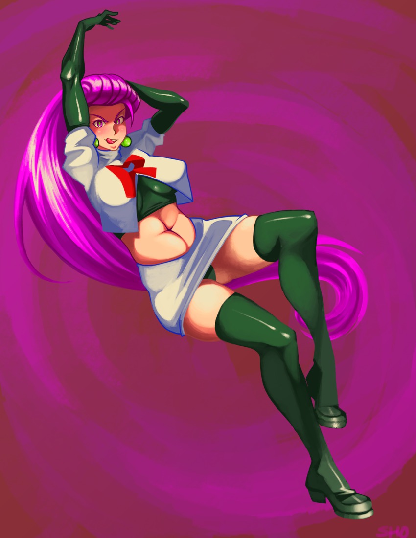1girl, bad_deviantart_id, bad_id, big_hair, black_gloves, black_panties, black_thighhighs, blush, boots, breasts, crop_top, earrings, elbow_gloves, female_focus, gloves, hair_slicked_back, highres, jessie_(pokemon), jewelry, large_breasts, latex, latex_gloves, licking_lips, long_hair, naughty_face, navel, nintendo, panties, pantyshot, plump, pokemon, pokemon_(anime), purple_eyes, purple_hair, shoji-ikari, solo, team_rocket, thigh_boots, thighhighs, thighs, tongue, tongue_out, underwear, very_long_hair