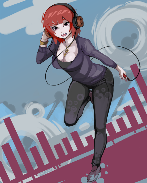 1girl, breasts, cleavage, mp3_player, female_focus, grado_labs, headphones, jewelry, key, large_breasts, necklace, open_mouth, pale_skin, pants, purple_eyes, red_hair, running, shoji-ikari, short_hair, solo