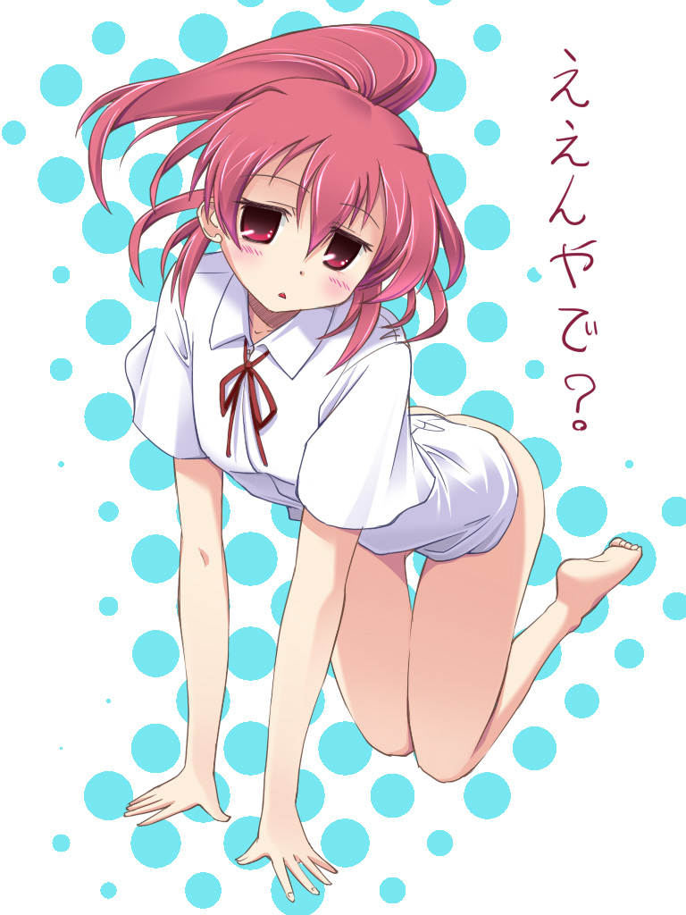 1girl, 2ccp, :<, all_fours, atago_hiroe, barefoot, blouse, blush, bottomless, female_focus, himematsu_school_uniform, jitome, naked_shirt, nekono_matatabi, no_panties, ponytail, red_eyes, red_hair, ribbon, saki_(manga), school_uniform, shirt, solo
