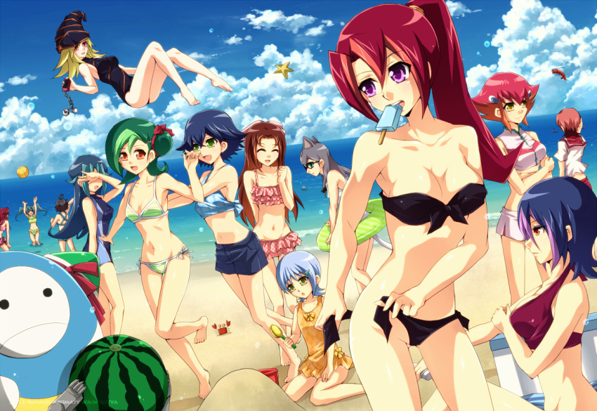 1boy, 6+girls, animal_ears, aqua_hair, arms_up, ball, bare_shoulders, beach, beachball, bikini, black_bikini, blonde_hair, blue_hair, blue_one-piece_swimsuit, blue_sky, breasts, brown_hair, cat_ears, cat_girl, cat_tail, cathy_(yu-gi-oh!), character_request, cleavage, closed_eyes, cloud, cloudy_sky, covering_own_eyes, crab, day, droite_(yu-gi-oh!), duel_monster, everyone, female_focus, flat_chest, floating, food, frilled_bikini, frills, fruit, gagaga_girl, glasses, green_bikini, green_eyes, green_hair, groin, hair_ribbon, hat, holding, holding_food, holding_fruit, horizon, iii_(yu-gi-oh!), innertube, kamishiro_rio, kouzuki_anna, large_breasts, leg_up, light_purple_hair, lillybot, long_hair, may_(yuu-gi-ou_zexal), mayumi_(yu-gi-oh!), medium_breasts, midriff, mizuki_kotori_(yu-gi-oh!), mouth_hold, mugicha_(sukimachaya), multicolored_hair, multiple_girls, navel, one-piece_swimsuit, open_mouth, orange_hair, outdoors, pink_bikini, popsicle, profile, purple_eyes, purple_hair, red_eyes, red_hair, red_ribbon, red_sailor_collar, ribbon, robot, sachi_(yu-gi-oh!), sailor_collar, sand, sei_(yu-gi-oh!), shadow, short_hair, sitting, skirt, sky, small_breasts, smile, standing, starfish, swim_ring, swimsuit, tail, tsukumo_akari, twintails, two-tone_hair, water, watermelon, white_one-piece_swimsuit, wizard_hat, yellow_eyes, yellow_one-piece_swimsuit, yu-gi-oh!, yu-gi-oh!_zexal, yuu-gi-ou, yuu-gi-ou_zexal