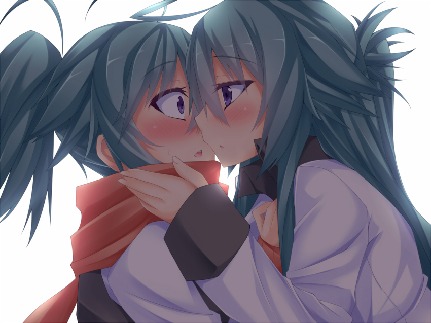 2girls, ahoge, blush, imminent_kiss, incest, kiss, leura_arcane, long_hair