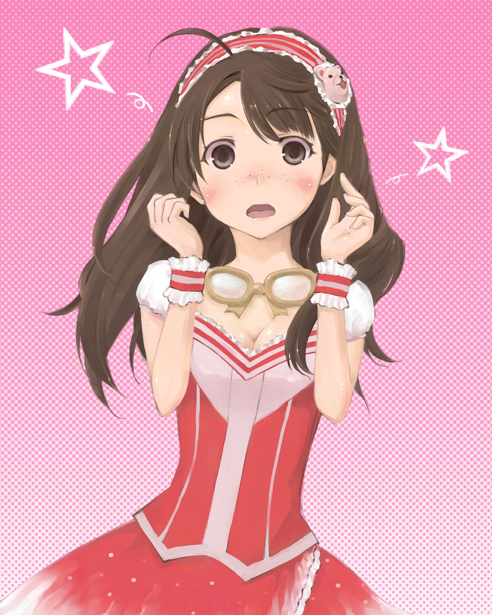 10s, 1girl, ahoge, arms_up, blush, breasts, brown_eyes, brown_hair, cleavage, dress, female_focus, freckles, glasses, hairband, highres, idolmaster, idolmaster_cinderella_girls, long_hair, looking_at_viewer, nail_polish, okuyama_saori, open_mouth, polka_dot, polka_dot_background, solo, standing, travo, unworn_eyewear, wrist_cuffs