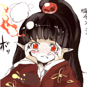 1girl, black_hair, brush, flame_iii, hair_ornament, hand_on_own_cheek, hand_on_own_face, japanese_clothes, lowres, ponytail, red_eyes, shunsei_(muratou), viprpg