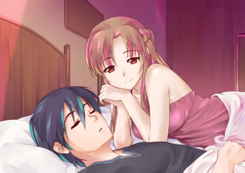 10s, 1boy, 1girl, arm_support, asuna_(sao), bed, black_hair, blanket, blush, brown_eyes, brown_hair, kirito, long_hair, lying, on_back, on_side, oofuji_wataru, sleeping, smile, sword_art_online