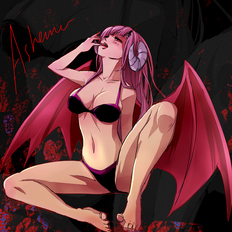 1girl, ashemu, bad_id, bad_pixiv_id, bare_legs, bare_shoulders, barefoot, bat_wings, beatmania_iidx, beatmania_iidx_19_lincle, bemani, bikini, black_bikini, blush, breasts, character_name, collarbone, demon_girl, feet, female_focus, horns, icedango_(dpopic3), legs, long_hair, looking_up, navel, one_eye_closed, open_mouth, pink_hair, red_eyes, sitting, solo, spread_legs, swimsuit, toes, wings, wink