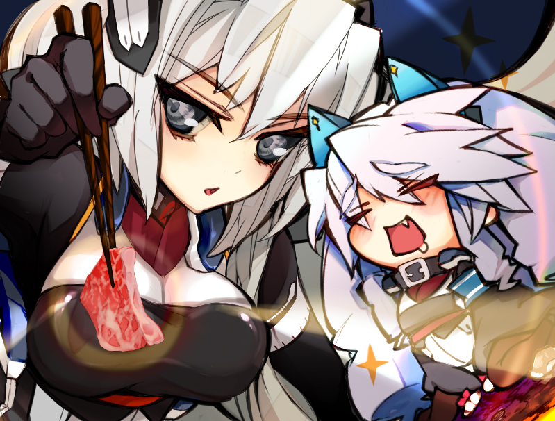 2girls, bodysuit, breasts, chibi, chopsticks, cleavage, fang, feeding