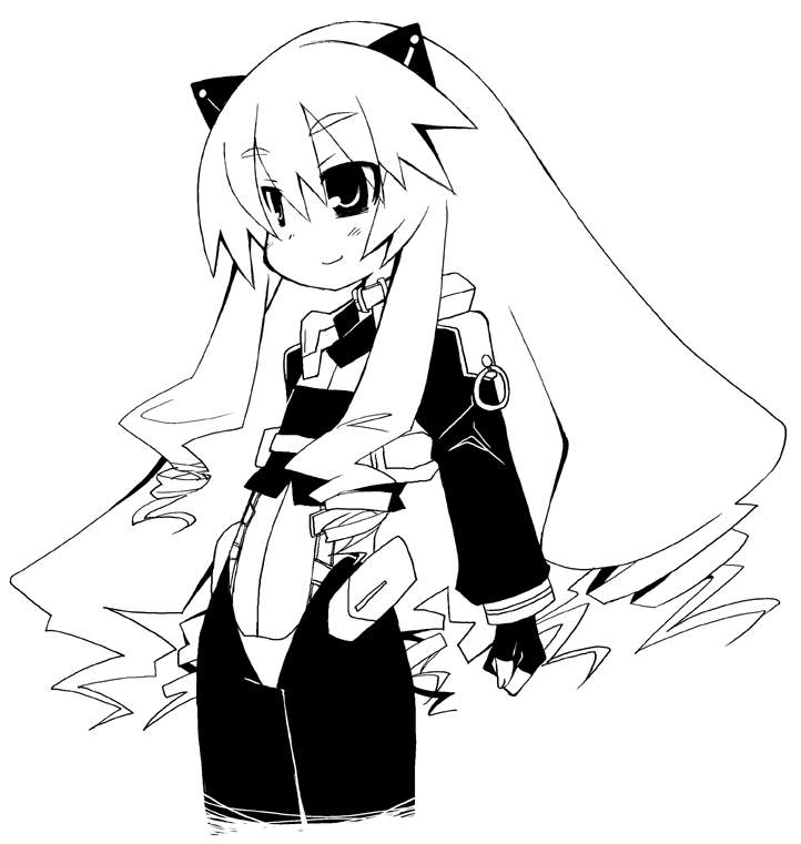 1girl, azuma_masakadu, bodysuit, drill_hair, female_focus, flat_chest, kyoukaisenjou_no_horizon, long_hair, monochromo, nate_mitotsudaira, smile, solo, very_long_hair