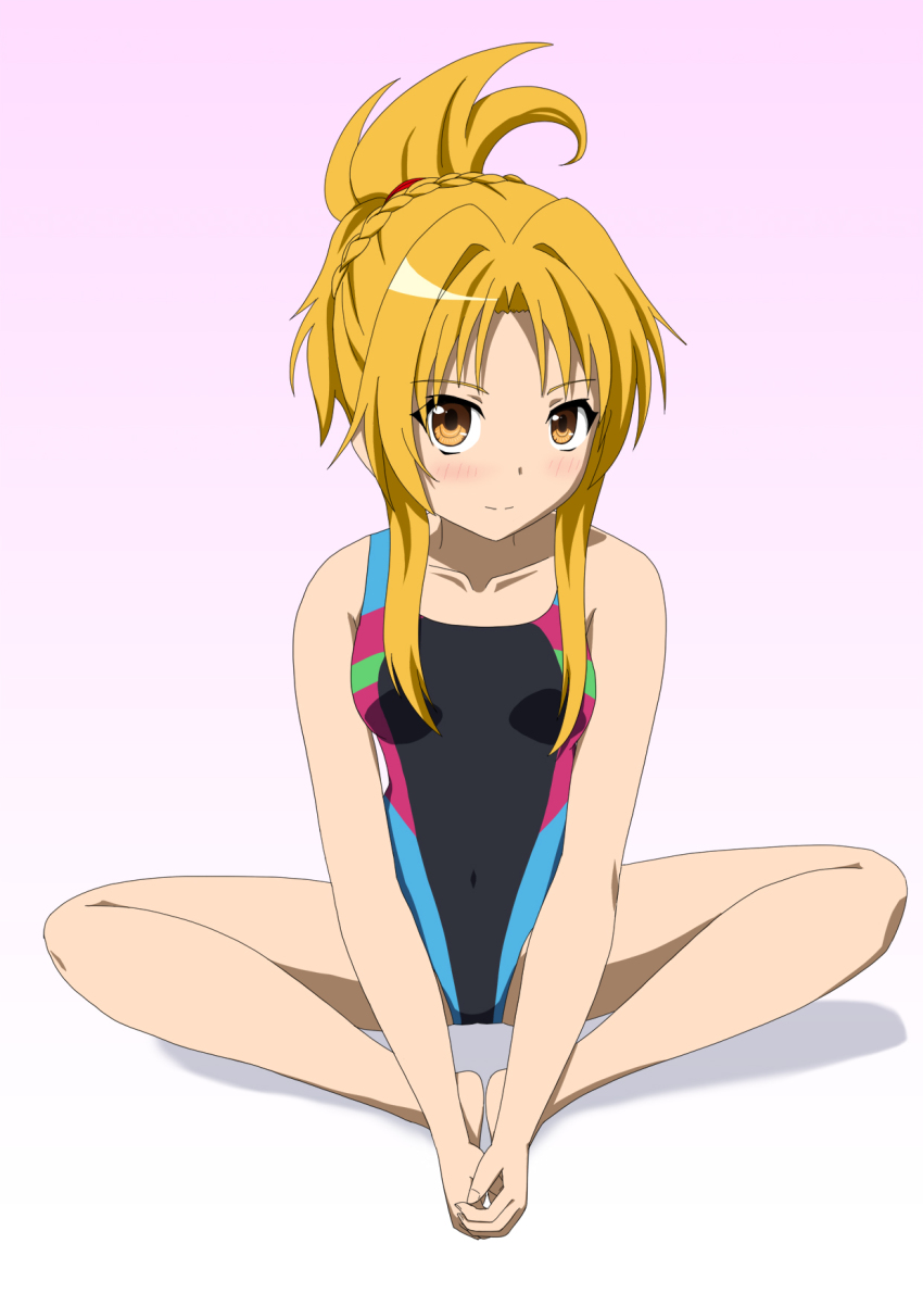 1girl, barefoot, blonde_hair, brown_eyes, butterfly_sitting, competition_swimsuit, contemporary, hands_on_feet