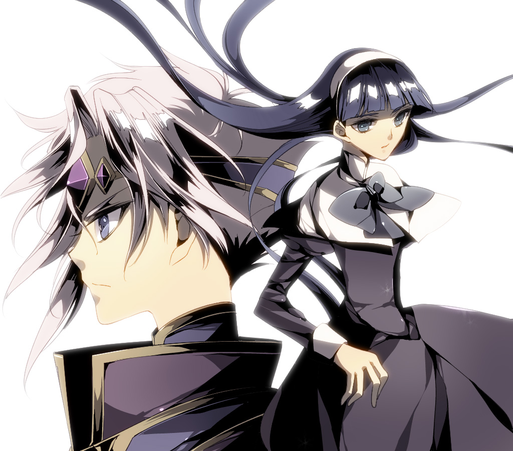 1990s_(style), 1boy, 1girl, bishounen, black_dress, blue_eyes, blue_hair, bow