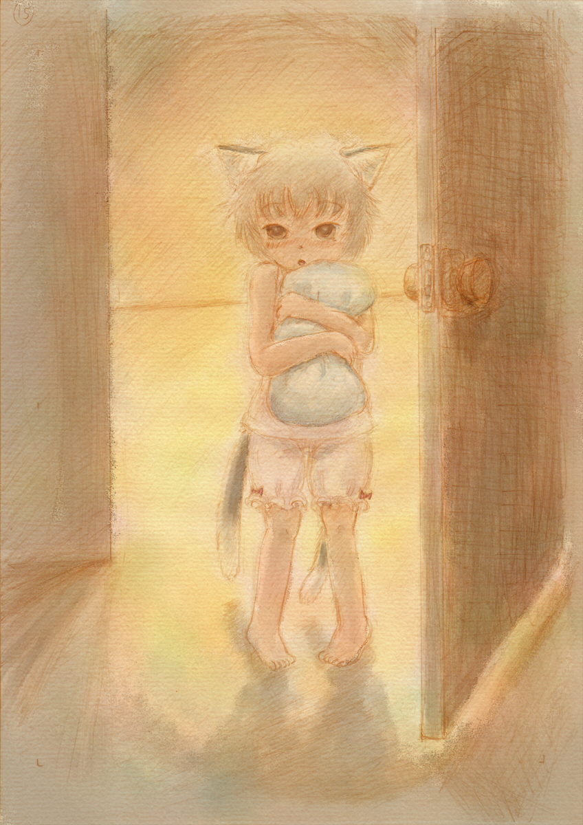 1girl, animal_ears, bad_id, bad_pixiv_id, barefoot, bloomers, blush, brown_hair, cat_ears, cat_girl, cat_tail, chen, child, door, female_focus, grey_hair, highres, multiple_tails, missing_headwear, no_headwear, hugging_object, open_mouth, pillow, pillow_hug, saraband, short_hair, solo, tail, touhou, traditional_media, underwear, underwear_only