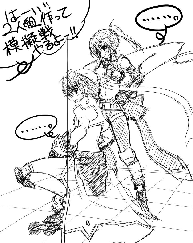 2girls, armor, bad_id, bad_pixiv_id, bike_shorts, elbow_gloves, fingerless_gloves, gloves