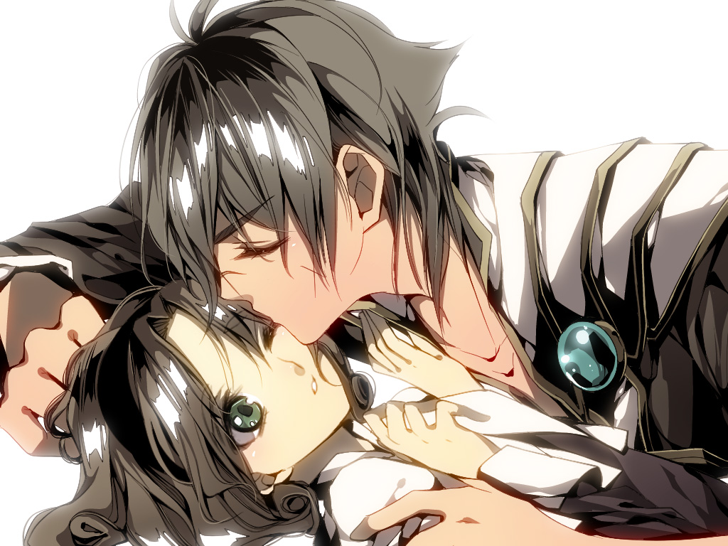 1990s_(style), 1boy, 1girl, brown_hair, closed_eyes, ferio_(rayearth), fujiwara_rika, green_eyes