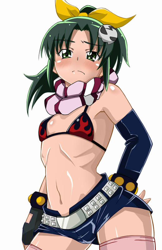 1girl, arm_behind_back, bare_shoulders, belt, bikini, bikini_top_only, black_gloves, blush, body_blush, bow, breasts, cosplay, cowboy_shot, elbow_gloves, embarrassed, fat_mons, female_focus, fingerless_gloves, flame_print, frown, gloves, green_eyes, green_hair, hair_bow, hair_ornament, hand_on_own_hip, jun_(666), long_hair, looking_at_viewer, matching_hair/eyes, midorikawa_nao, midriff, navel, parted_bangs, pink_thighhighs, ponytail, precure, ribs, scarf, short_hair, short_shorts, shorts, sidelocks, simple_background, single_elbow_glove, skull_hair_ornament, small_breasts, smile_precure!, solo, standing, striped, studded_belt, swimsuit, tengen_toppa_gurren_lagann, thighhighs, voice_actor_connection, white_background, yoko_littner, yoko_littner_(cosplay), zettai_ryouiki