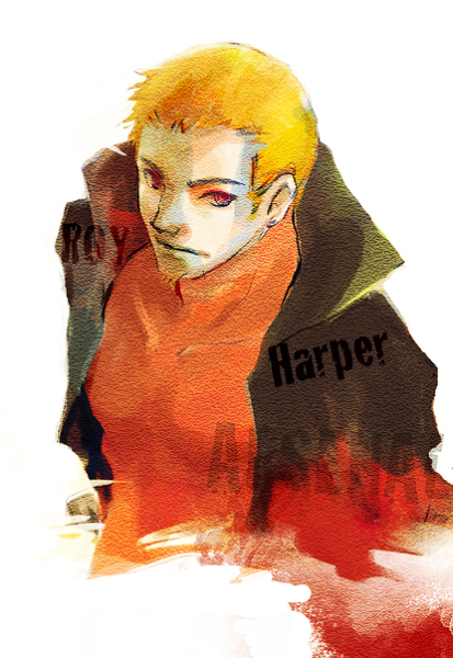 1boy, arsenal_(dc), character_name, dc_comics, jacket, male_focus, orange_hair, painterly