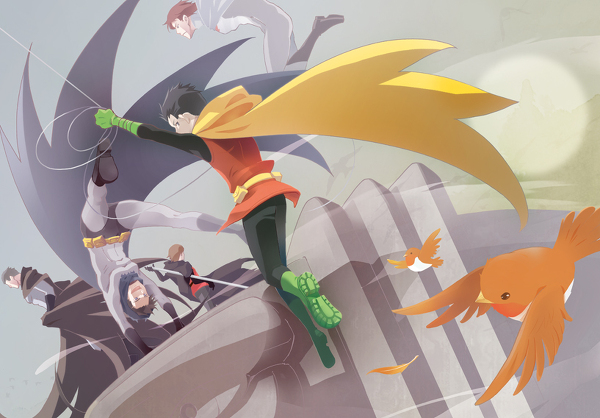 5boys, batman, batman_(series), belt, bird, boots, brothers, bruce_wayne, building, cape, damian_wayne, dc_comics, dick_grayson, domino_mask, eye_mask, family, father_and_child, father_and_son, grapnel, green_footwear, handstand, image_sample, jason_todd, jumping, male_focus, mask, multiple_boys, nightwing, parent_and_child, pixiv_sample, red_hair, red_hood_(dc), red_robin, resized, robin_(bird), robin_(dc), shoes, siblings, staff, tim_drake, totoya_(hakarame), upside-down, weapon