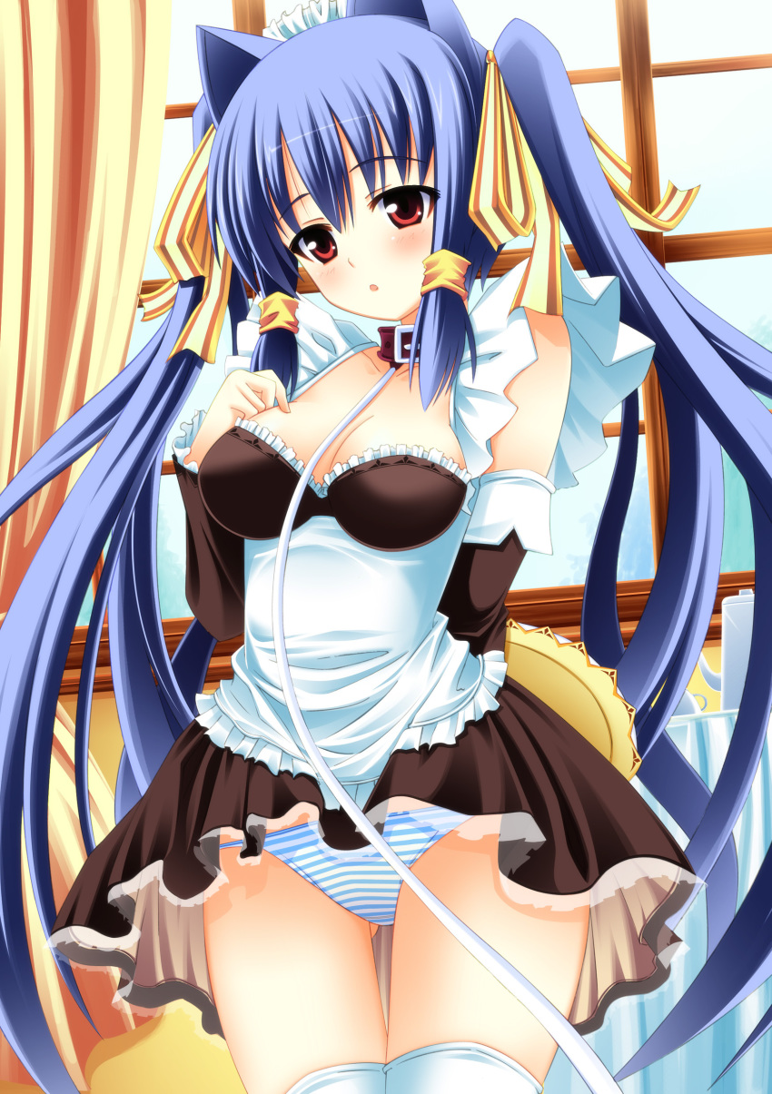1girl, absurdres, animal_ears, blue_hair, blue_panties, breasts, brown_hair, cleavage