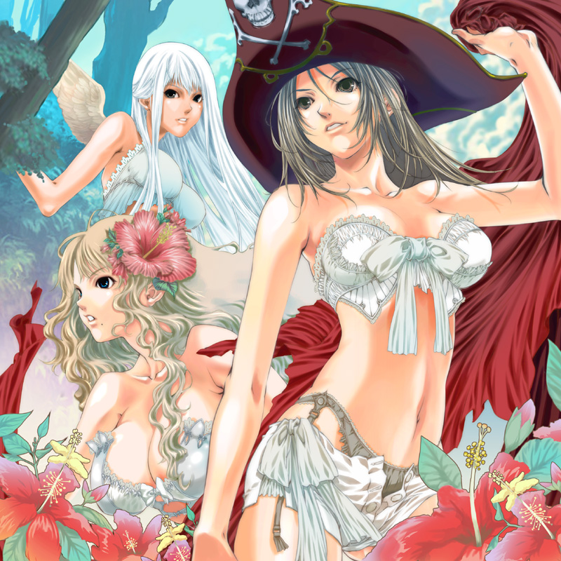 3girls, bad_id, bad_pixiv_id, bare_shoulders, bell_(artist), blonde_hair, blue_eyes, breasts, brown_eyes, brown_hair, cleavage, corsair_hat, flower, granado_espada, hat, hibiscus, large_breasts, lingerie, long_hair, multiple_girls, musketeer_(granado_espada), nature, navel, panties, pirate_costume, pirate_hat, rin_kyoutarou, scout_(granado_espada), skull_and_crossbones, tricorne, underwear, warlock_(granado_espada), white_hair, wings