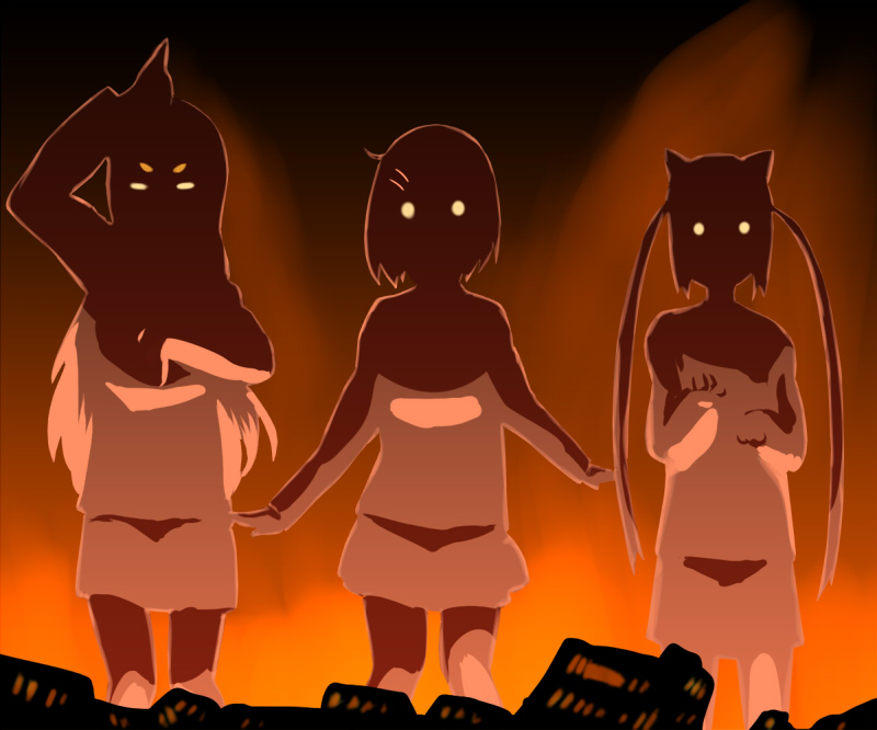 1980s_(style), 3girls, animal_ears, cat_ears, destruction, fake_animal_ears, fire, glowing