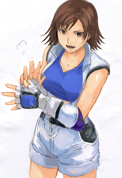 1girl, brown_eyes, brown_hair, female_focus, fingerless_gloves, gloves, iwaya, kazama_asuka