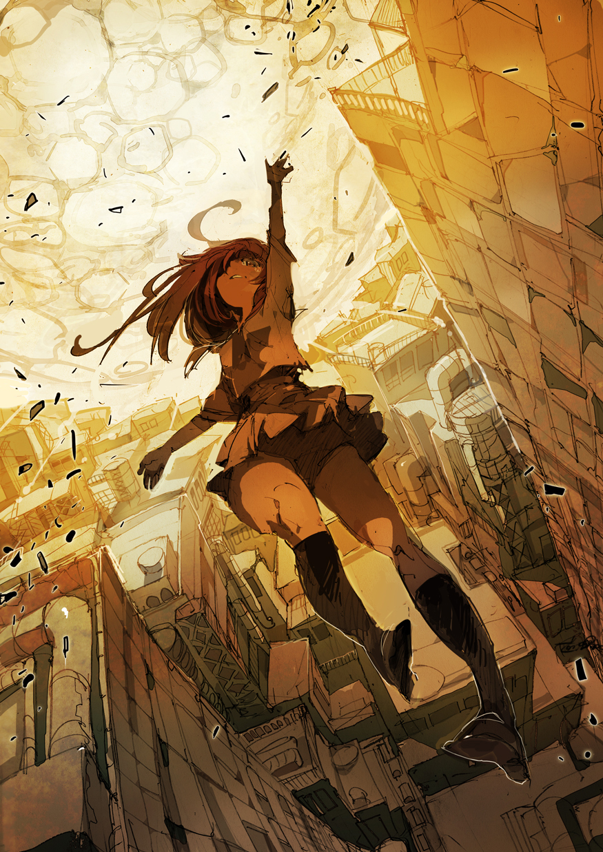 1girl, ahoge, arm_up, broken_glass, brown_hair, building, city, cloud