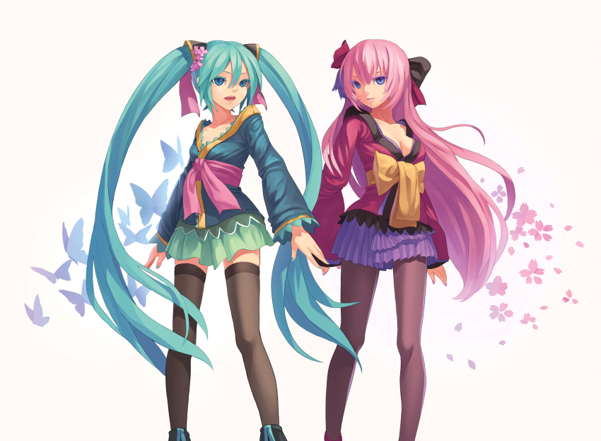 2girls, aqua_eyes, blue_eyes, bug, butterfly, fkey, green_hair, hatsune_miku