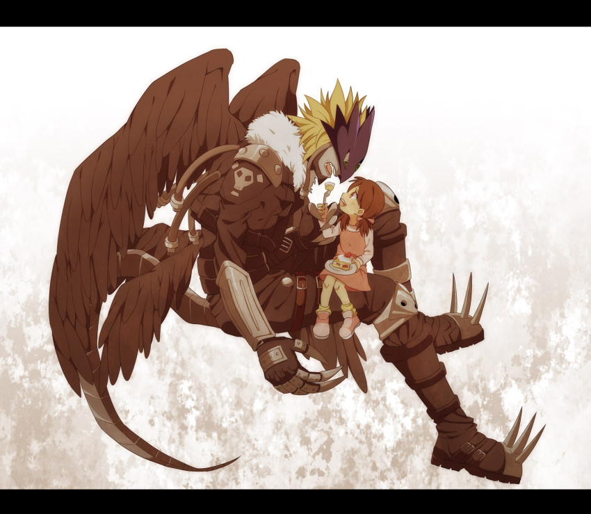 00s, 1boy, 1girl, ai_(digimon), beelzebumon, beelzebumon_blast_mode, black_wings, blonde_hair, bow, brown_eyes, brown_hair, cake, daizu_(npl), demon, digimon, digimon_(creature), digimon_tamers, dress, food, fork, green_eyes, hair_bow, highres, letterboxed, multiple_wings, open_mouth, profile, spikes, tail, thigh_strap, third_eye, twintails, wings