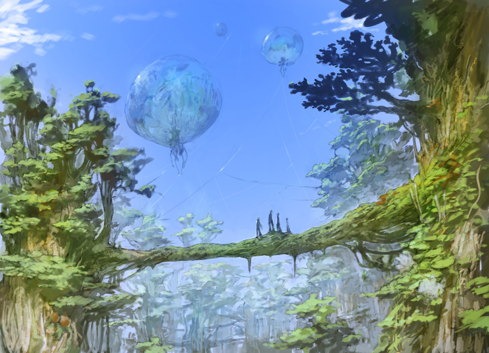 bridge, cloud, day, floating, forest, hothouse_(novel), landscape, leaf