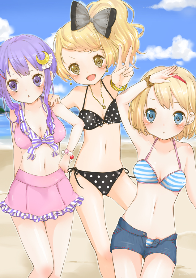 3girls, :<, alice_margatroid, alternate_hairstyle, bad_id, bad_pixiv_id, beach, bikini