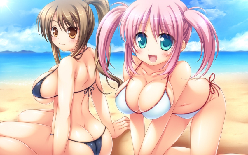 2girls, all_fours, ass, beach, bikini, blue_eyes, blush, breasts