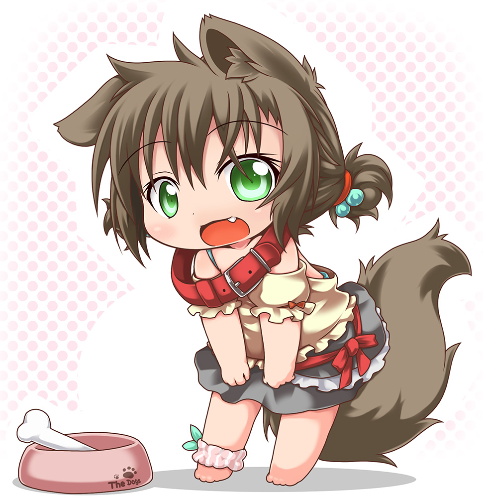 1girl, animal_ears, barefoot, bent_over, bone, brown_hair, chibi, collar