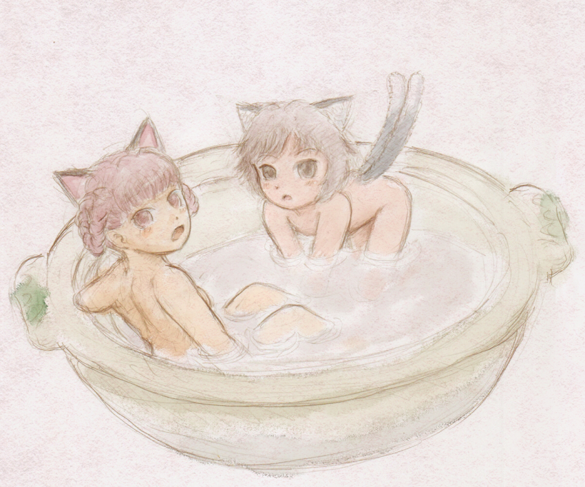 2girls, animal_ears, bad_id, bad_pixiv_id, bathing, blush, brown_hair, cat_ears, cat_girl, cat_tail, chen, extra_ears, female_focus, hair_rings, hotpot, kaenbyou_rin, multiple_girls, multiple_tails, nabe, missing_headwear, nude, open_mouth, red_eyes, red_hair, same-sex_bathing, saraband, shared_bathing, tail, touhou, tub