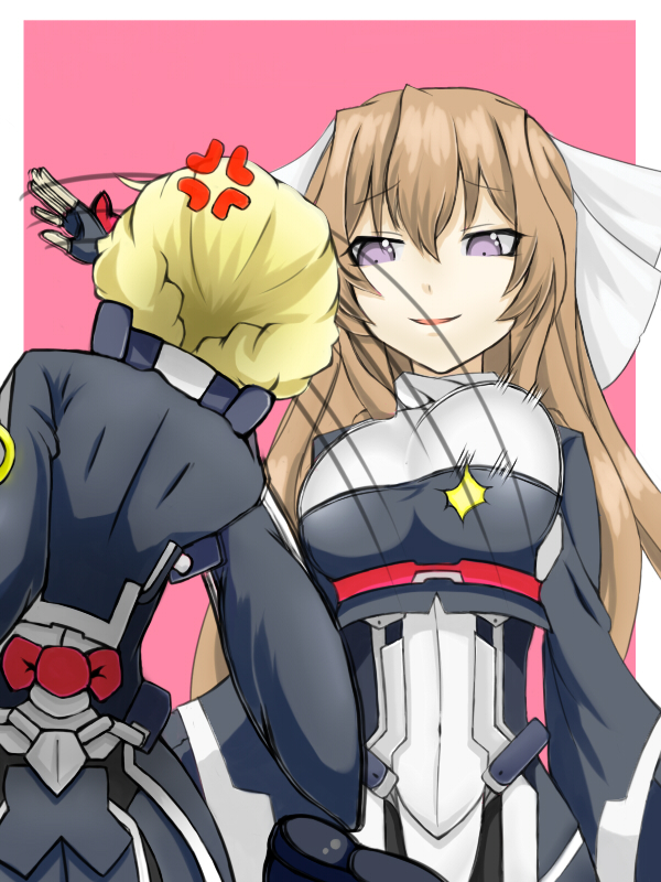 2girls, adele_balfetto, angry, aoi_kimi, bodysuit, braid, breasts, brown_hair