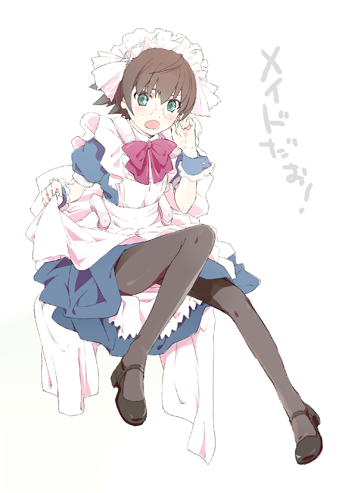 1boy, black_pantyhose, brown_hair, crossdressing, crossdressing_(mtf), glasses, green_eyes, hosimo-mo2mo2, kyoukaisenjou_no_horizon, maid, male_focus, male_maid, neshinbara_toussaint, pantyhose, solo, translation_request
