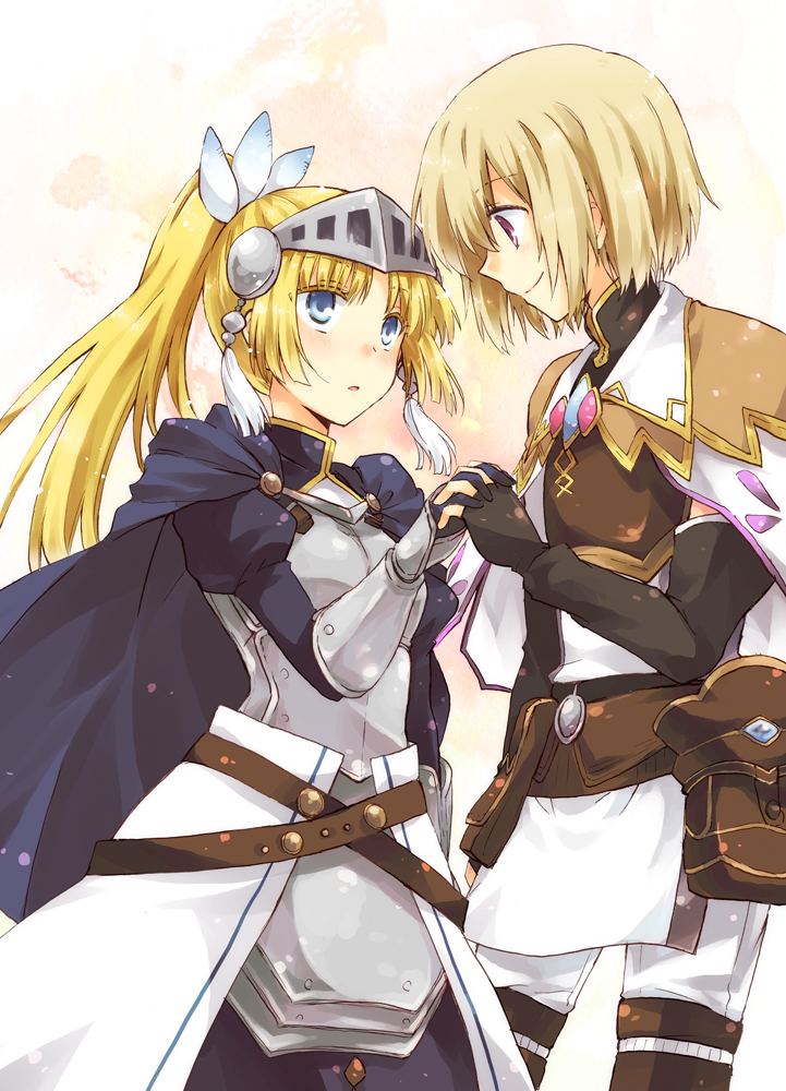 1boy, 1girl, :o, armor, armored_dress, black_hair, blonde_hair, blue_eyes, blush, breastplate, cape, dress, elbow_gloves, fingerless_gloves, forte_(rune_factory), gauntlets, gloves, hetero, holding_hands, kousetsu, lest_(rune_factory), long_hair, looking_at_another, purple_eyes, rune_factory, rune_factory_4, side_ponytail, smile, visor_(armor)