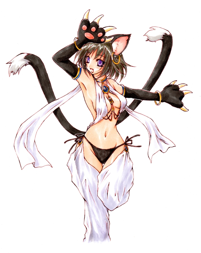 1girl, animal_ears, animal_hands, arabian_clothes, arm_up, armpits, bastet_(mythology), bikini, black_hair, bracelet, breasts, cat_ears, cat_paws, cat_tail, choker, claws, cleavage, earrings, fang, female_focus, groin, himekiss, jewelry, looking_away, lots_of_jewelry, mudzuki, mugetsu_(arado234), multiple_tails, navel, necklace, nekomata, original, purple_eyes, short_hair, side-tie_bikini_bottom, simple_background, solo, standing, standing_on_one_leg, swimsuit, tail, thigh_gap, white_background