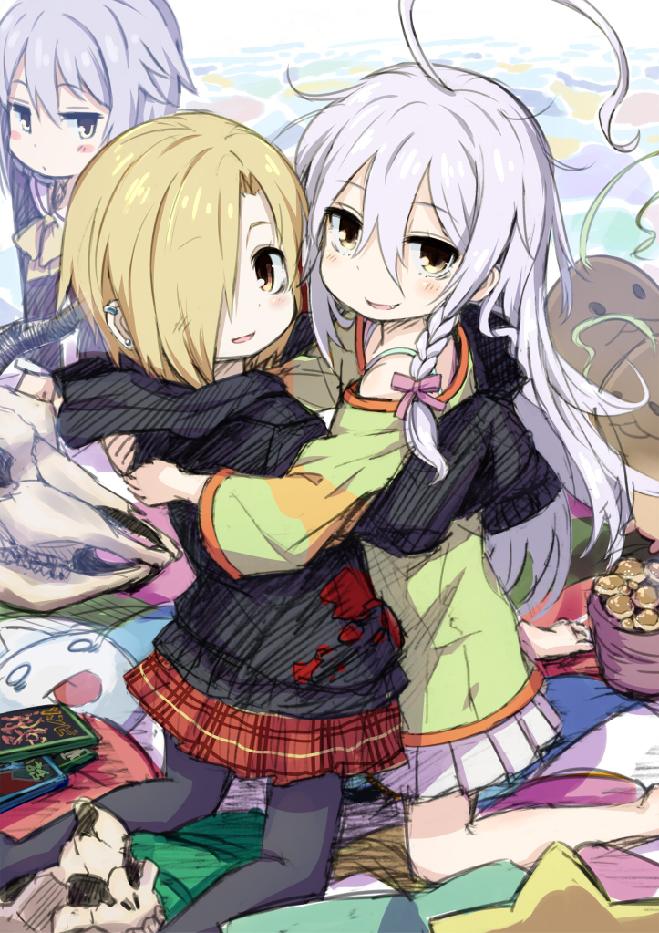 10s, 3girls, ahoge, bags_under_eyes, barefoot, beeworks, black_legwear, blonde_hair, blush, braid, brown_eyes, dvd_(object), earrings, funghi, grey_eyes, hair_over_one_eye, hood, hoodie, hoshi_syoko, hug, idolmaster, idolmaster_cinderella_girls, jewelry, kawaii_boku_to_142's_(idolmaster), kingin, kneeling, koshimizu_sachiko, long_hair, long_sleeves, looking_at_viewer, looking_back, multiple_girls, mushroom, nameko_(osawari_tantei), open_mouth, osawari_tantei, pantyhose, pleated_skirt, purple_hair, shirasaka_koume, short_hair, side_braid, silver_hair, single_braid, skirt, skull, sleeves_past_wrists, smile, stuffed_animal, stuffed_toy