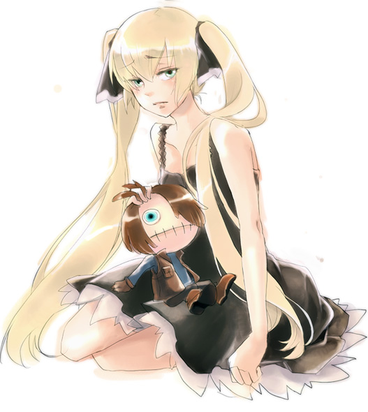 1girl, aqua_eyes, bare_shoulders, black_dress, brown_hair, chuck_(shaman_king), collarbone, doll, dress, grabbing_another's_hair, hair_over_one_eye, holding_another's_hair, lepta, long_hair, marion_phauna, sad, shaman_king, very_long_hair, white_background