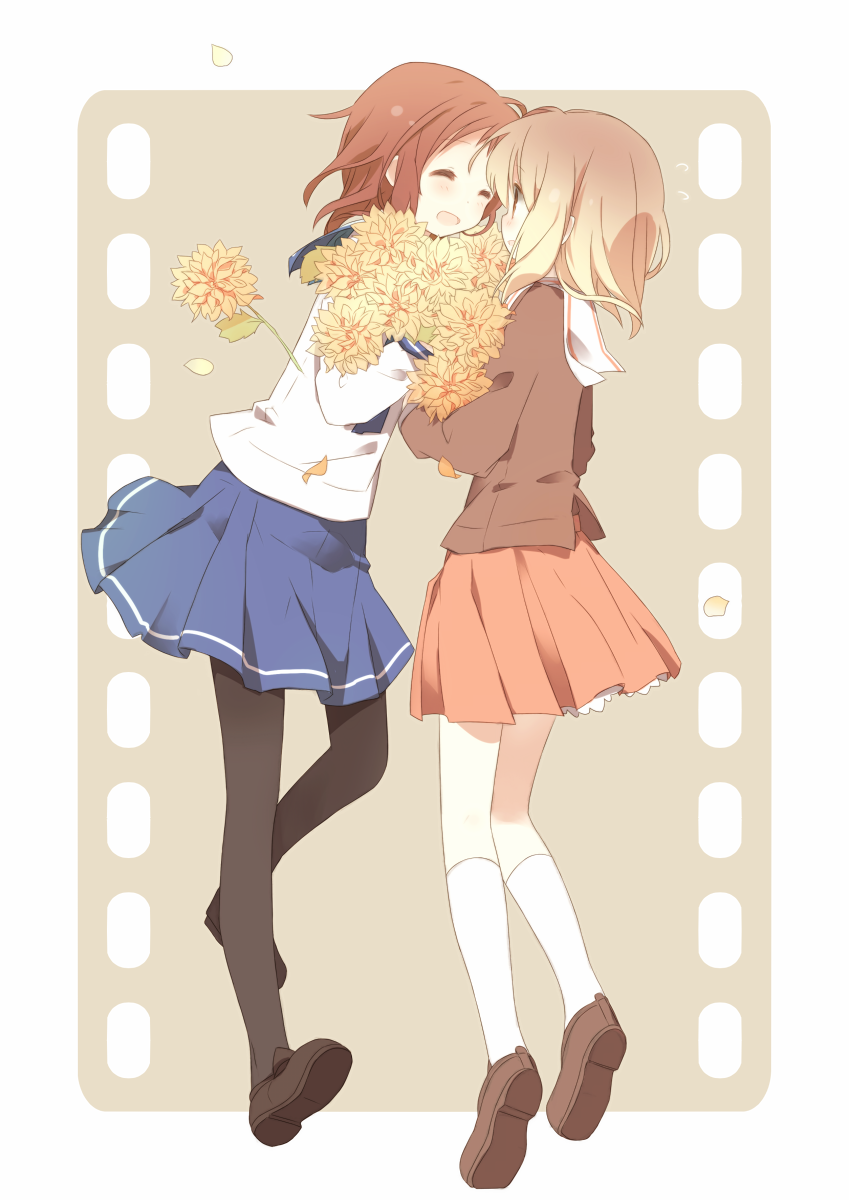 2girls, black_legwear, blonde_hair, blush, bouquet, brown_eyes, closed_eyes, flower
