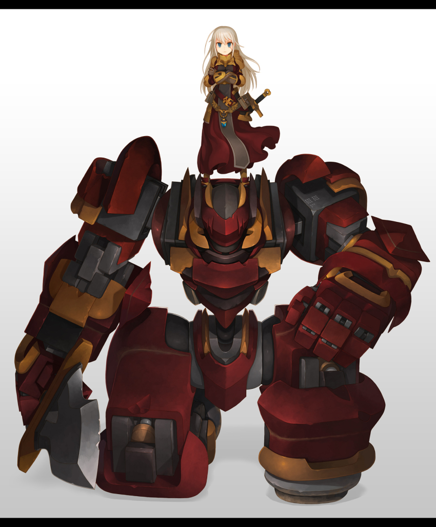 1girl, bad_id, bad_pixiv_id, blue_eyes, boots, crossed_arms, female_focus, highres, holding, letterboxed, mecha, original, ran_system, robot, scar, silver_hair, simple_background, solo, standing, sword, weapon, white_background