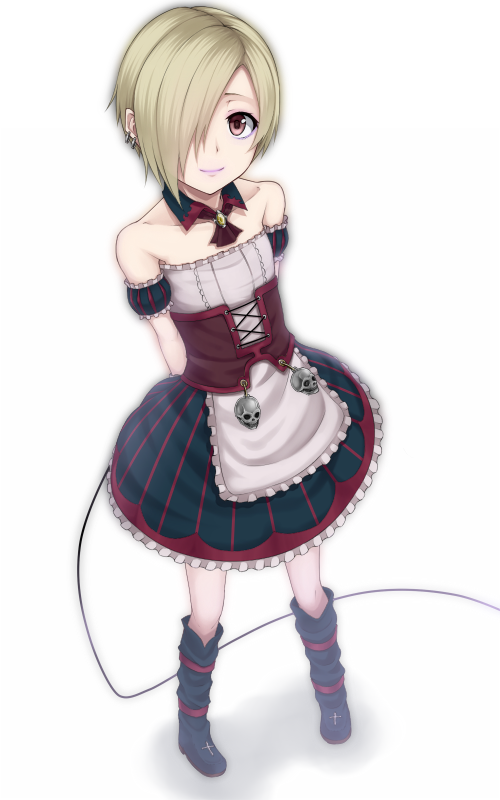 10s, 1girl, arms_behind_back, bad_id, bad_pixiv_id, bags_under_eyes, bare_shoulders, blonde_hair, boots, brown_eyes, corset, detached_sleeves, dress, earrings, female_focus, from_above, full_body, hair_over_one_eye, heisei_yutorin, idolmaster, idolmaster_cinderella_girls, jewelry, lipstick, looking_at_viewer, looking_up, makeup, puffy_sleeves, shirasaka_koume, short_hair, simple_background, skirt, skull, smile, solo, white_background