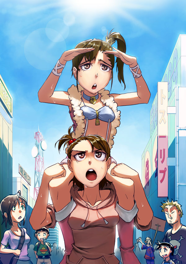 3girls, 4boys, :o, brown_eyes, brown_hair, carrying, futami_ami, futami_mami, hood, hoodie, hot, idolmaster, idolmaster_(classic), multiple_boys, multiple_girls, short_hair, shoulder_carry, siblings, side_ponytail, sisters, sweat, tseirp, twins