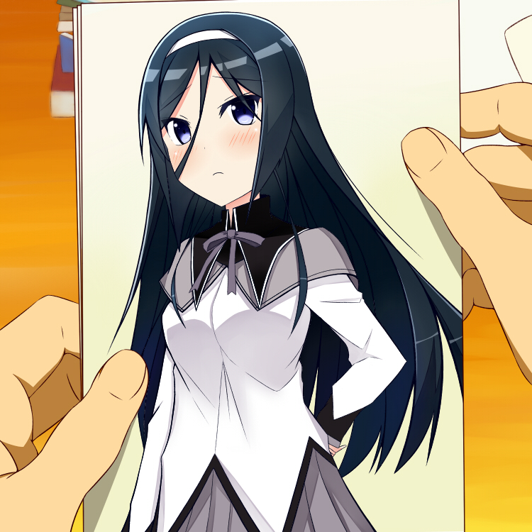 1girl, akemi_homura, akemi_homura_(cosplay), akemi_homura_(magical_girl), bad_id, bad_pixiv_id, black_hair, blue_eyes, blush, chitose_kiri, cosplay, crossover, hyouka, irisu_fuyumi, long_hair, mahou_shoujo_madoka_magica, mahou_shoujo_madoka_magica_(anime), parody, photo_(object)