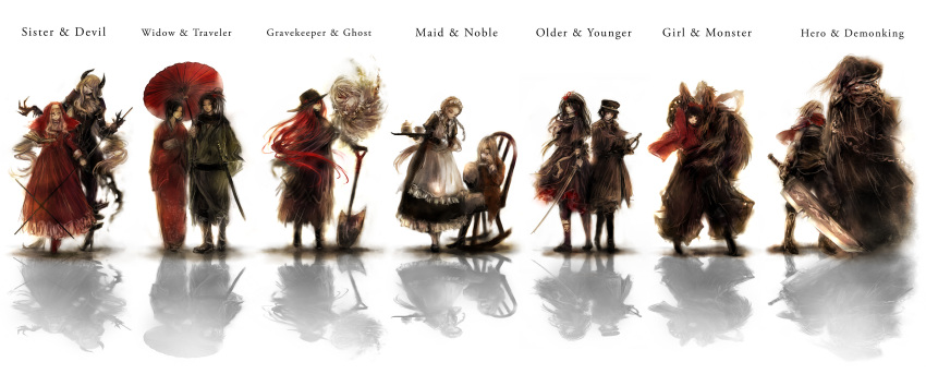 6+boys, 6+girls, absurdres, apron, bad_id, bad_pixiv_id, black_hair, blonde_hair, braid, bug, cape, chain, chair, coat, couple, cup, dress, glasses, habit, hat, hetero, highres, horns, japanese_clothes, kimono, long_hair, maid, maid_apron, maid_headdress, military, military_uniform, monster, multiple_boys, multiple_girls, nun, nun_headdress, oil-paper_umbrella, original, red_hair, robe, short_hair, shovel, single_horn, spider, sword, twin_braids, umbrella, weapon, worktool, yatsunagi_(oyasumi_sumika)