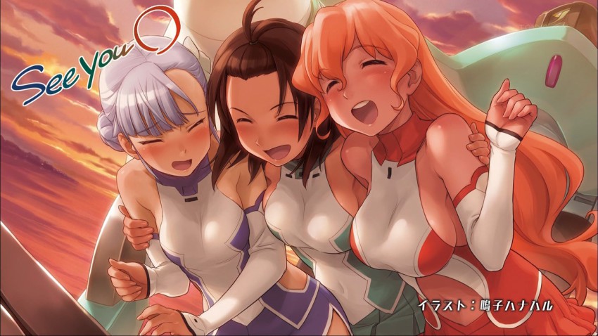 10s, 3girls, :d, anime_screenshot, artist_name, bare_shoulders, blue_hair, blush, bodysuit, braid, breasts, brown_hair, closed_eyes, cloud, covered_navel, detached_sleeves, end_card, english_text, eyecatch, female_focus, fin_e_ld_si_laffinty, fingernails, flat_chest, flower, girl_sandwich, hair_between_eyes, hair_bun, hair_flower, hair_ornament, kyouno_madoka, mall_link_suit, mecha, mecha_pilot_suit, muginami, multiple_girls, naruko_hanaharu, navel, official_art, official_wallpaper, open_mouth, orange_hair, rinne_no_lagrange, robot, sandwiched, single_hair_bun, sky, smile, sunset, turtleneck, vox_aura